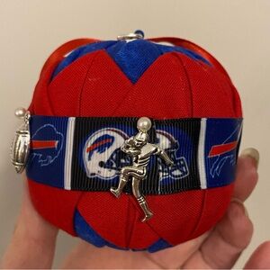 Buffalo Bills Red and Blue Hand Quilted Holiday Ornament with Football Charms